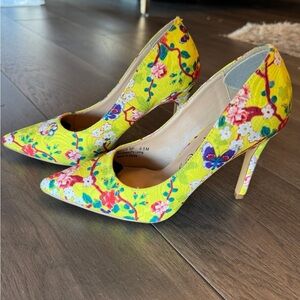 Yellow Floral Fabric High Heels